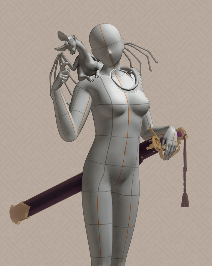 The built in 3D figure from CLIP STUDIO PAINT is posed with a small dragon on their shoulder, and a sword at their hip. The dragon is fully posed.