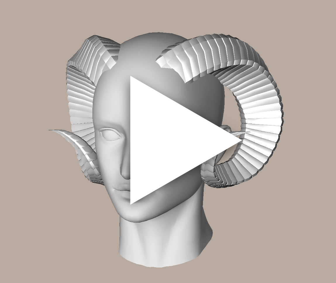 The built in 3d head model from CLIP STUDIO PAINT, with large curling ram horns eminating from its forehead. The camera slowly rotates around the model to show it from all sides.
