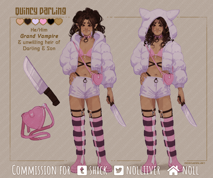 A reference sheet of Quincy Darling, a grand vampire. He has dark brown hair tied into a high loose ponytail, and a knife in his left hand. There are two versions of him, one where the hood of his poofy lavenderjacket is down and one where it is up.