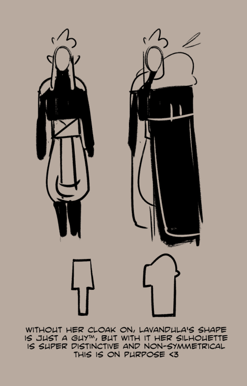 Two figures of Lavandula, one with and one without the large asymmetrical feathered mantle and cloak. There is a diagram comparing the drastic change in shape from the uncloaked vs cloaked outfit. The text reads: Without her cloak on, Lavandula's shape is Just A Guy TM, but with it her silhouette is super distinct and non-symmetrical. This is on purpose heart emoticon