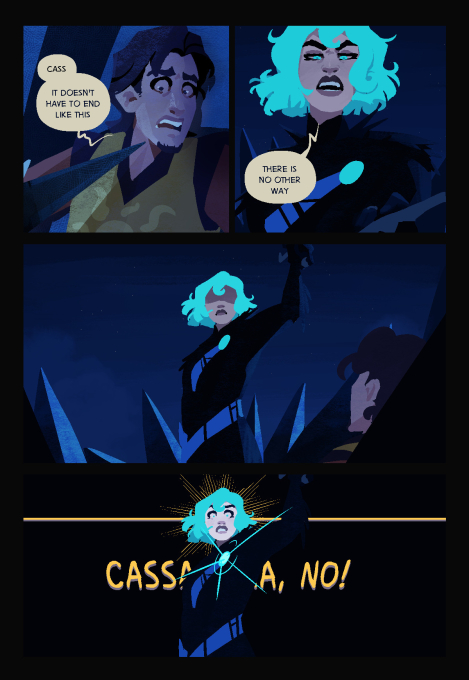 A comic page featuring Tangled characters. Cassandra is about to strike down Eugene with her sword.