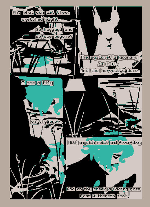 One last page, this one still a low resolution thumbnail. It depicts Cassandra reaching into the waters of the lost lagoon while lines from La Belle Dame Sans Merci caption each panel.