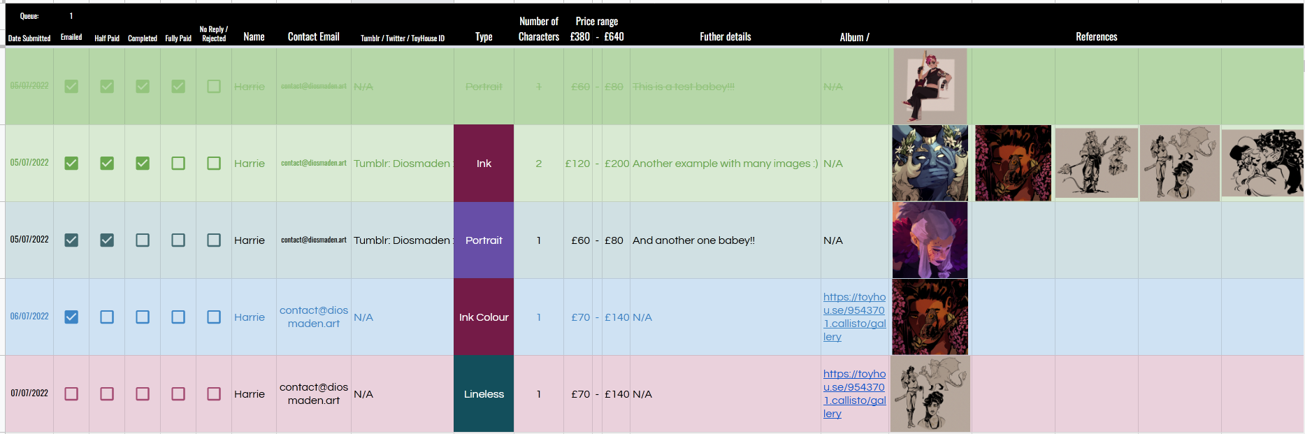 A screenshot of a colour coded spreadsheet. There are 5 checkboxes: Contacted, Half Paid, Completed, Fully Paid, and No response/rejected. After this are answers to various questions like type of commission and number of characters. As the boxes are ticked, the row changes colour to indicate its current status.