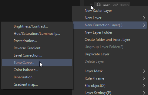 screenshot showing where in the menu you go to create a curves layer