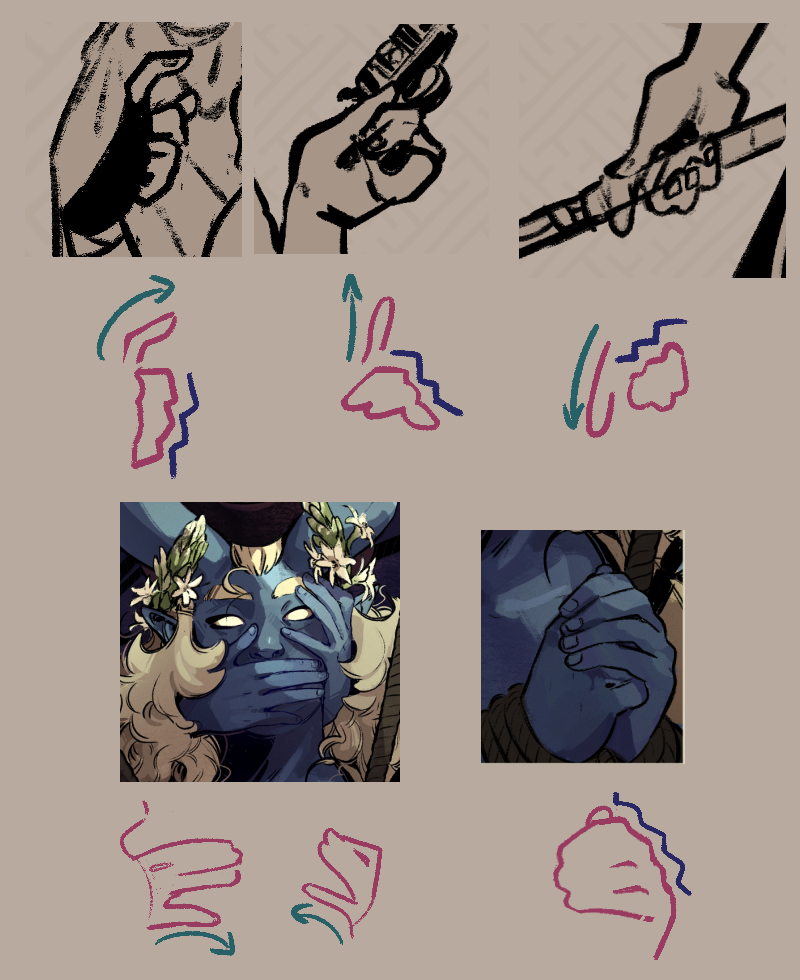 A series of 5 /tutorials/images cropped to just the hands. Underneath is a diagram breaking down the shapes used. 