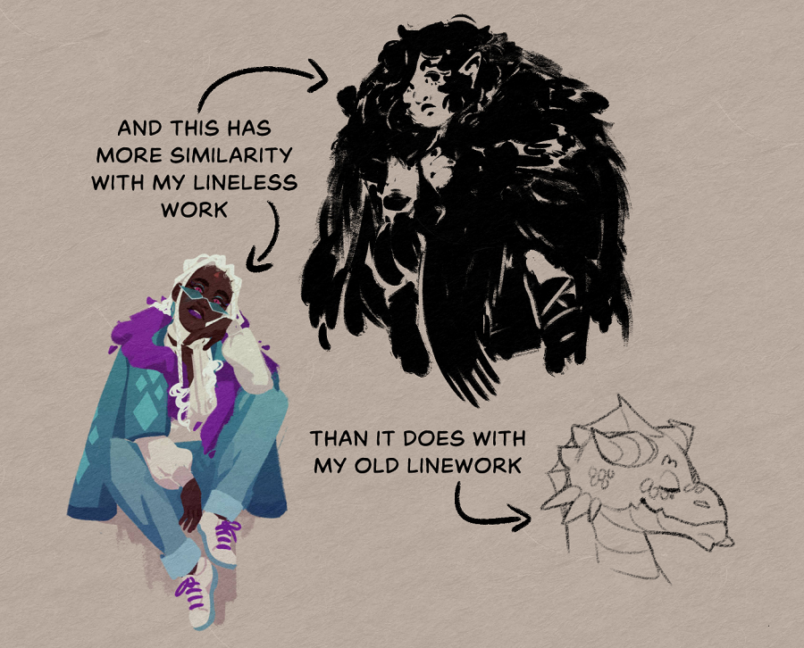 Three pieces are included in this image. The first piece is another piece in the same bold, textured inkbrush style, of a figure shrouded in a bear's pelt. The next is a lineless, full colour piece of a black woman with white hair dressed in a bold, vibrant outfit. The last is a small line drawing of a dragon. The text reads as follows: And this [piece] has more similarity with my lineless work than it does with my older linework.