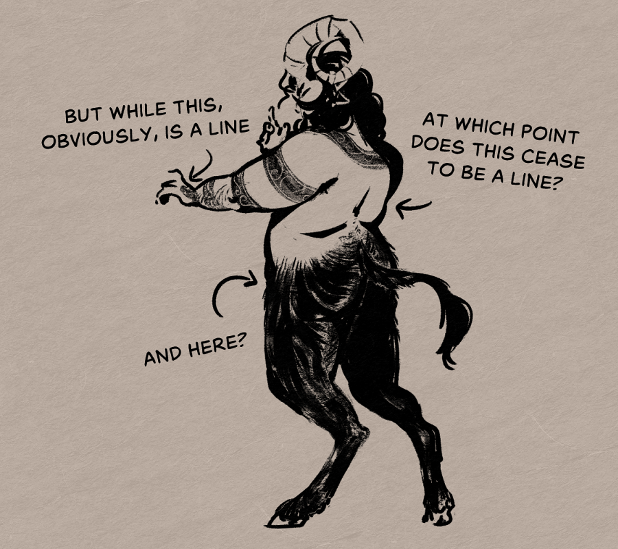 A demon goat woman drawn in bold, textured, inkbrush strokes. The artwork has been annotated with some text and arrows. The text reads as follows: But while this is obviously a line, at which point does this cease to be a line? And here?