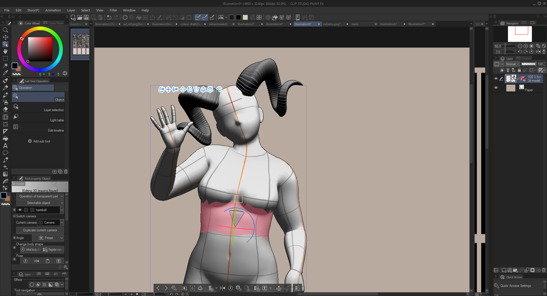 Screenshot of CSP, showing the built in pose model waving at the viewer, with another model of some horns attached to its head.