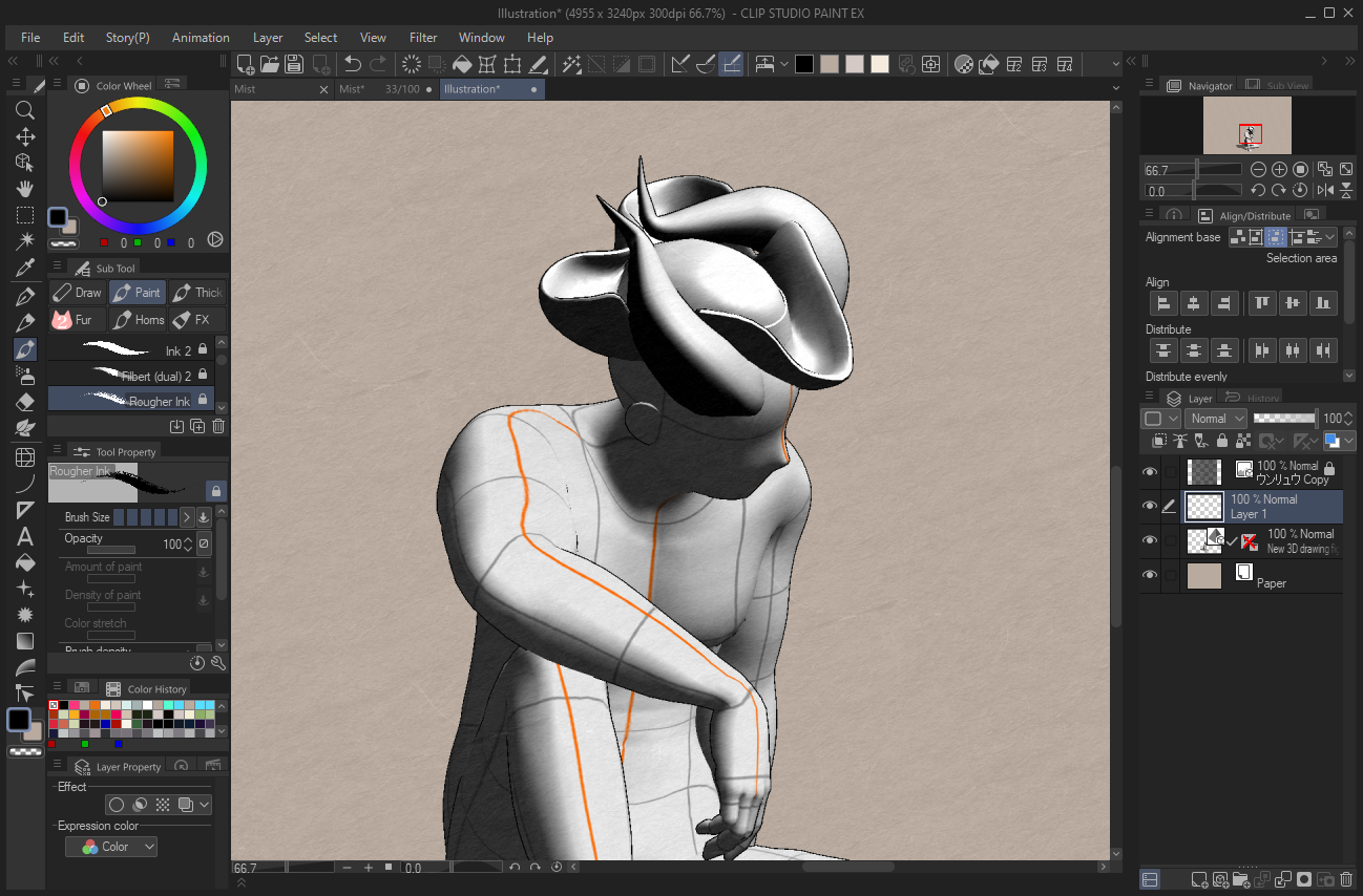 Screenshot of CSP, showing the built in pose model waving at the viewer, with another model of some horns attached to its head.