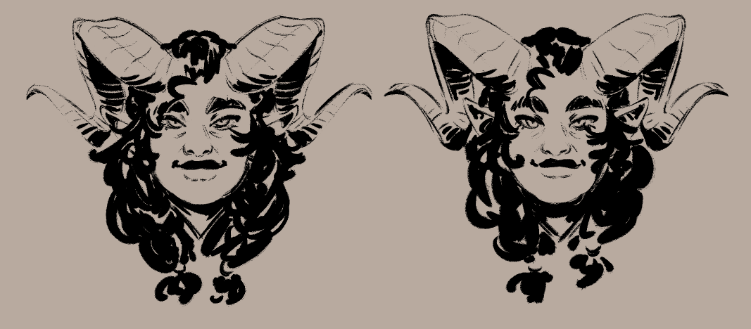 Two sketches side by side of a demonic looking woman from the front. She has large horns that spiral outwards from the top of her head. The sketches are very similar.
