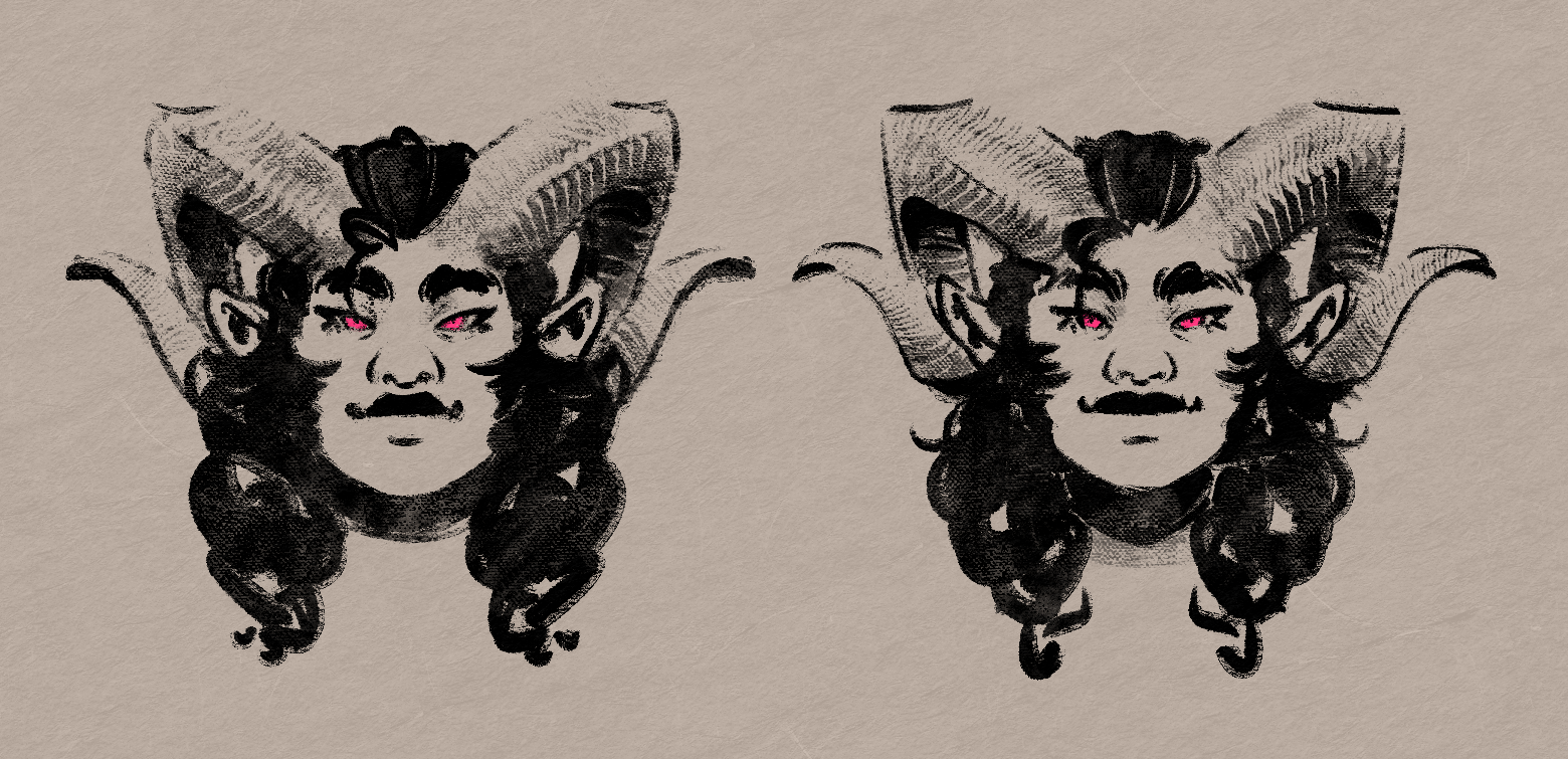 Two sketches side by side of a demonic looking woman from the front. She has large horns that spiral outwards from the top of her head. The sketches are very similar.